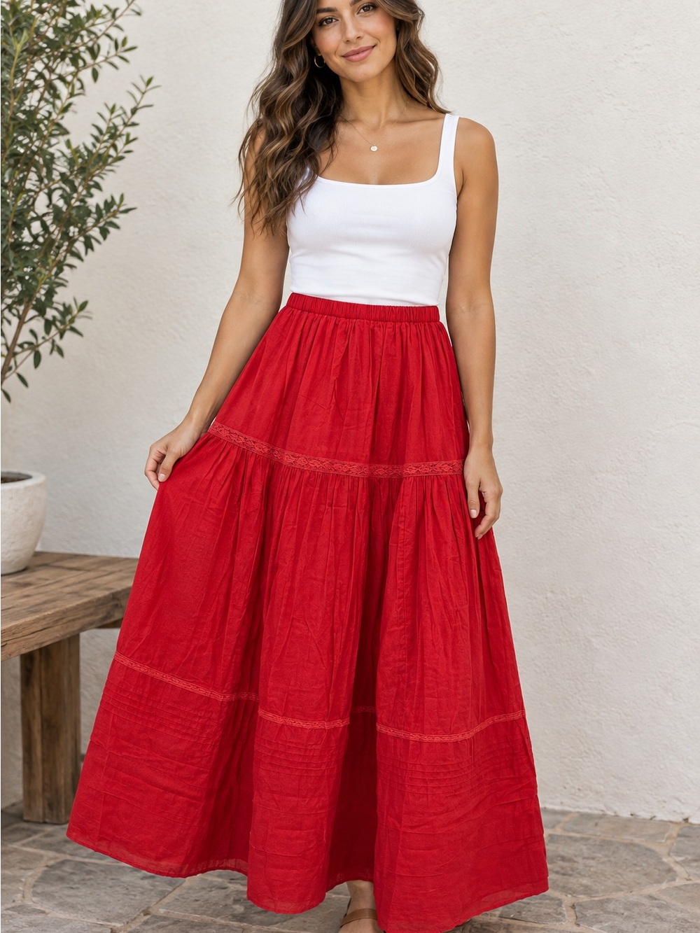 NWOT XST Women's Red Boho Solid Maxi Long Skirt Lace Accents Elastic Waist